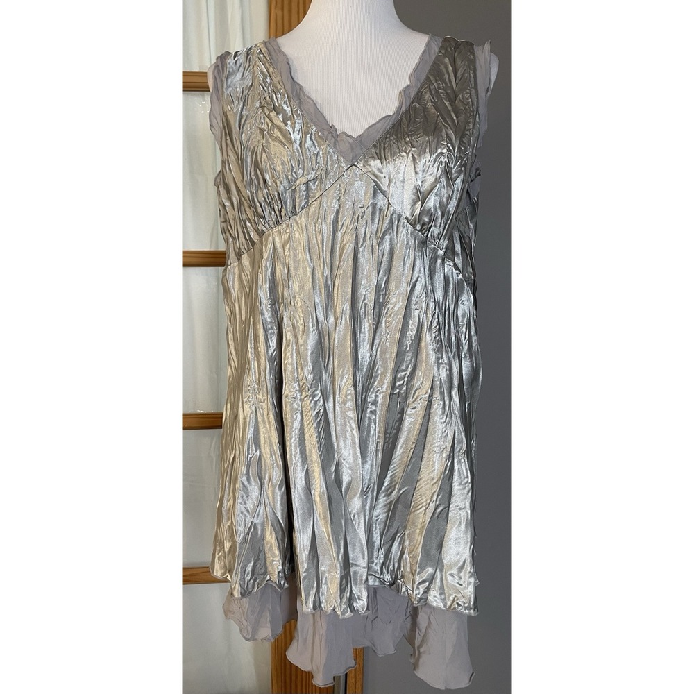 Ashley Stewart Crinkly Layered Blouse Women's 14/16  Silver Peasant Lagenlook